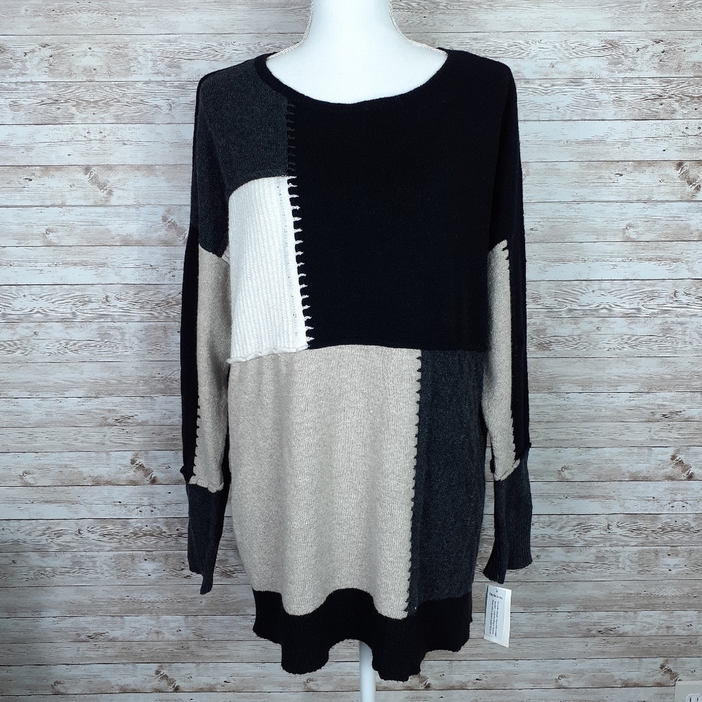 Style & Co Patchwork Sweater Beige Black C